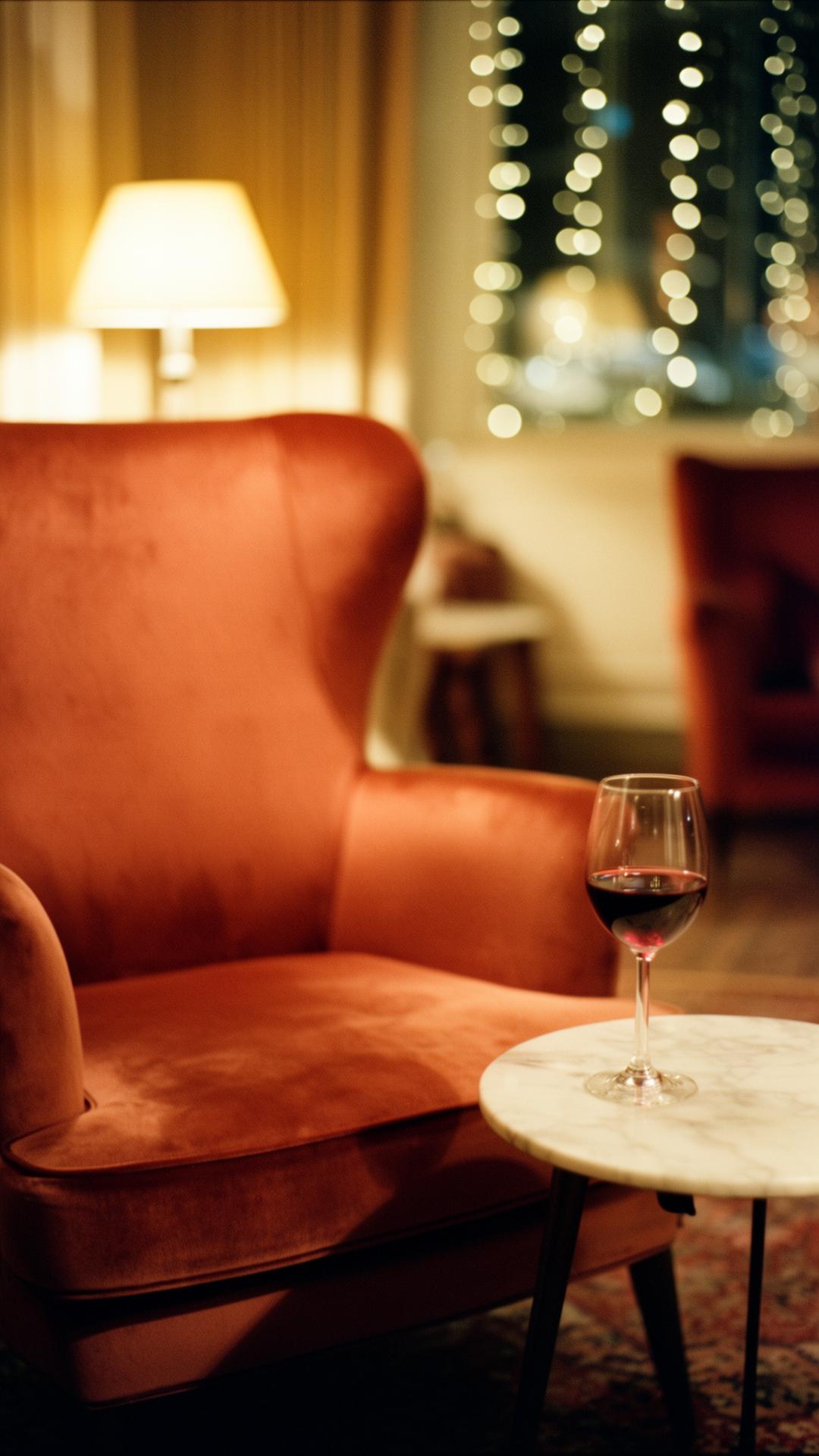 A warm lamp-lit lounge with a velvet armchair and soft amber light